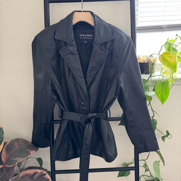 Vintage Wilson's Leather Belted Black Leather Jacket Size Medium - Picture 1 of 6